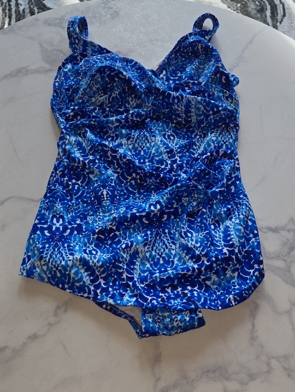 Swim Solutions Blue Patterned Scoop Back Twist-Front One Piece Swimsuit 14 NWT - Picture 2 of 8